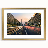 Abstract art print of Milan scenery in muted gold and blue tones, framed with a gold mat, suitable for dining room decor.