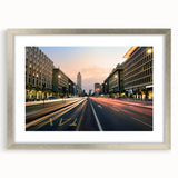 Extra large abstract art print of a textured Milan scenery in muted earth tones, framed in silver.
