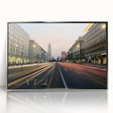 Acrylic print of Milan scenery in muted earth tones, framed in silver, suitable for modern art wall decor.