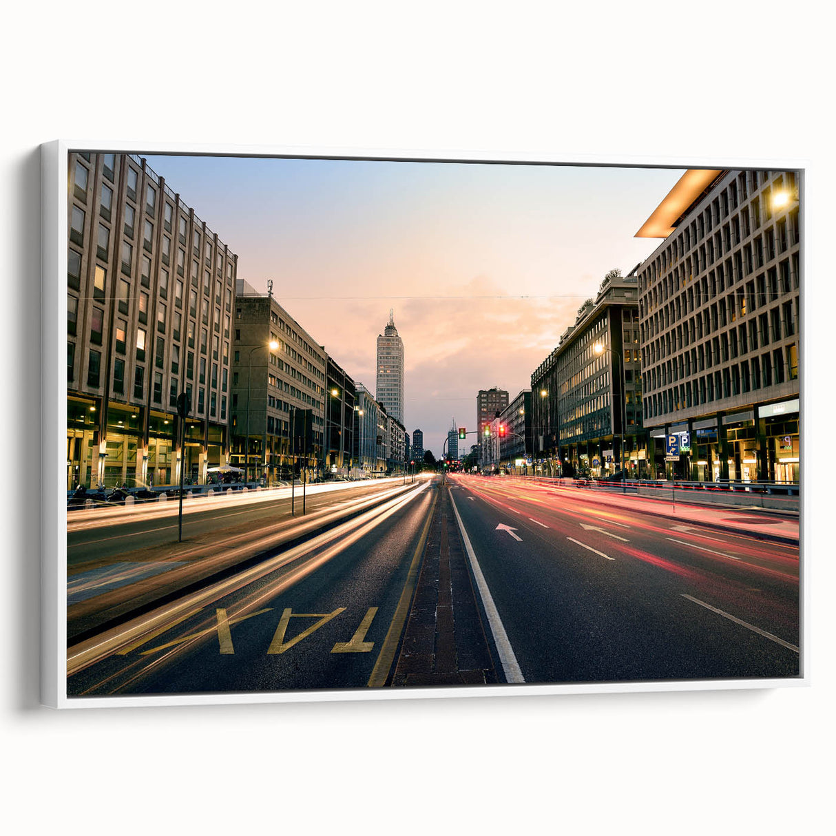 Vintage poster art of Milan scenery on extra large framed canvas, featuring colorful art on a black background.