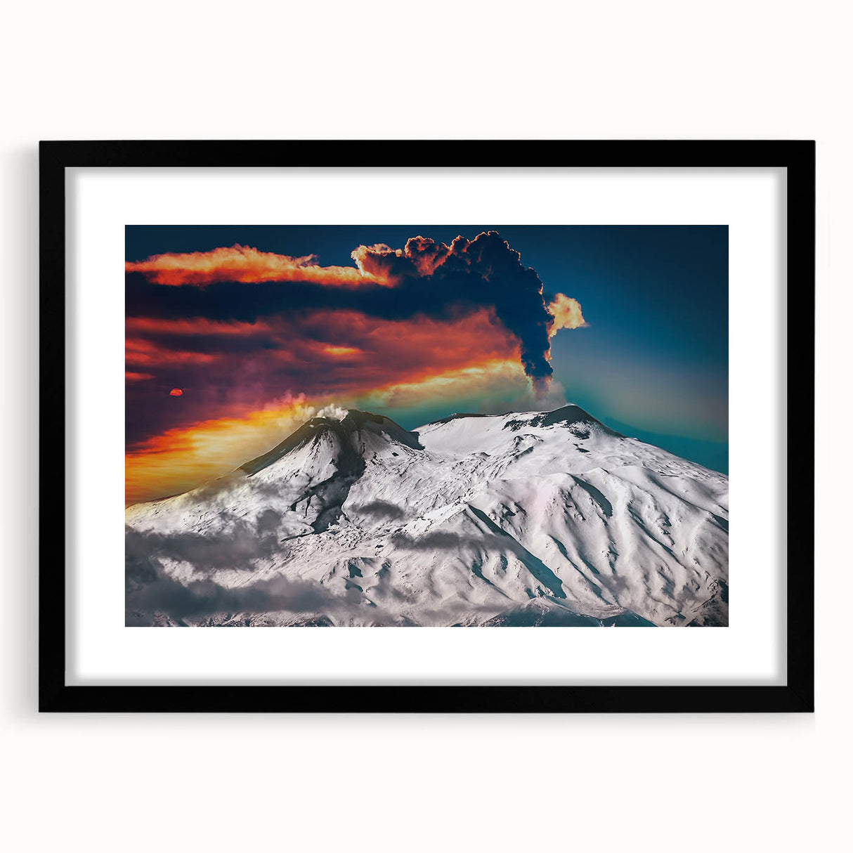 Extra large framed wall art of Mount Etna in vibrant, textured colors, ideal for living room decor.