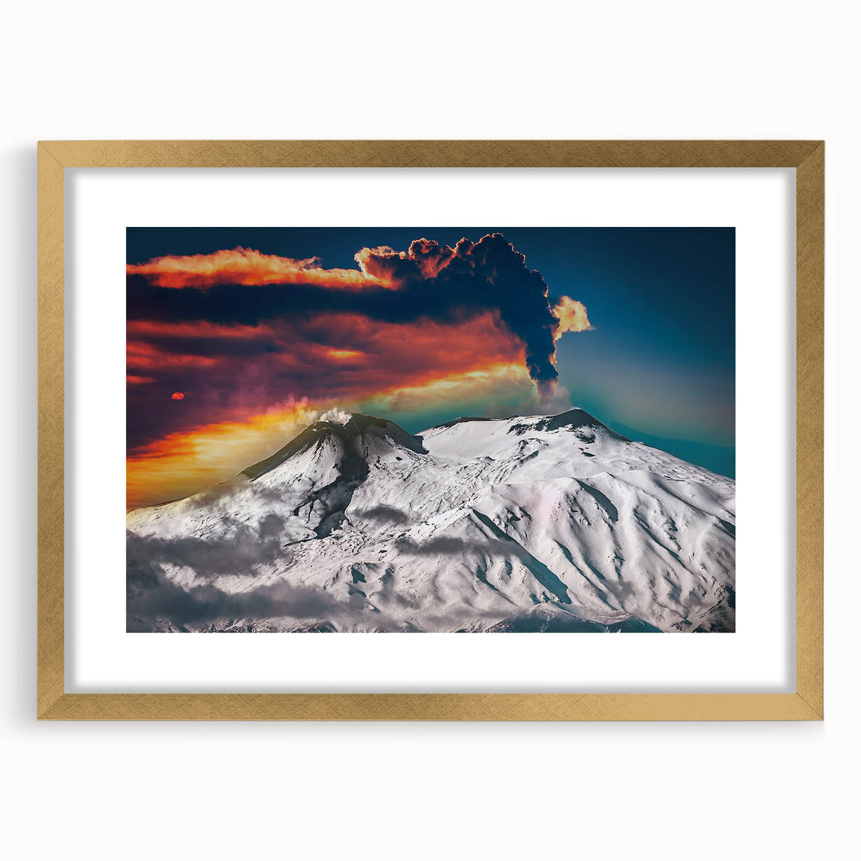 Abstract art print of Mount Etna in muted earth tones, framed in gold, suitable for bedroom or dining room decor.