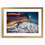 Abstract art print of Mount Etna in muted earth tones, framed in gold, suitable for bedroom or dining room decor.
