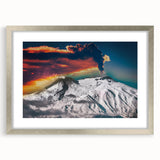 Extra large abstract art print depicting Mount Etna with textured silver frame, in muted earth tones.