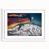 Textured art print of Mount Etna in abstract style, using muted earth tones, framed with a white mat, ideal for bedroom art.