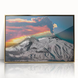 Art deco poster featuring Mount Etna in muted earth tones, framed in gold acrylic, suitable for modern art wall decor.
