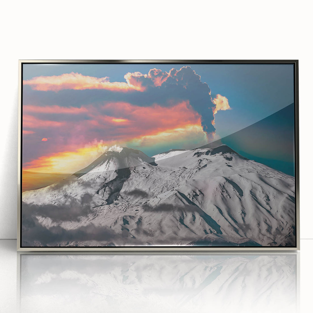 Large art print of Mount Etna in Italy, featuring muted earth tones on a framed acrylic, ideal for modern art wall decor.