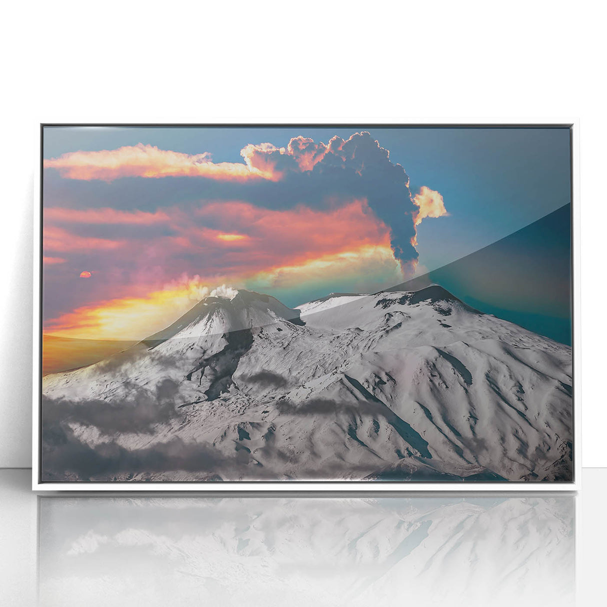 Mid-century modernist art of Mount Etna in muted earth tones on a white framed acrylic, suitable for nursery wall art.