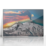 Mid-century modernist art of Mount Etna in muted earth tones on a white framed acrylic, suitable for nursery wall art.