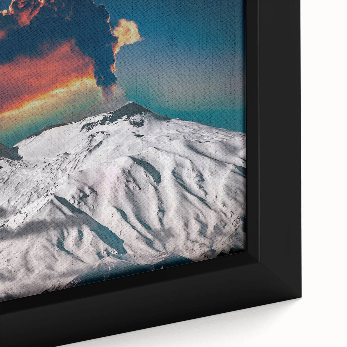 Black wall art featuring a textured depiction of Mount Etna, Italy in vibrant colors on a framed canvas.