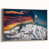 Framed canvas featuring a vintage-style landscape painting of Mount Etna, Italy, with muted earth tones.