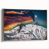 Landscape art painting of Mount Etna, framed canvas in silver, featuring muted earth tones, ideal for office decor.