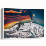Vintage poster art of Mount Etna in vibrant colors on a large framed canvas, ideal for living room decor.