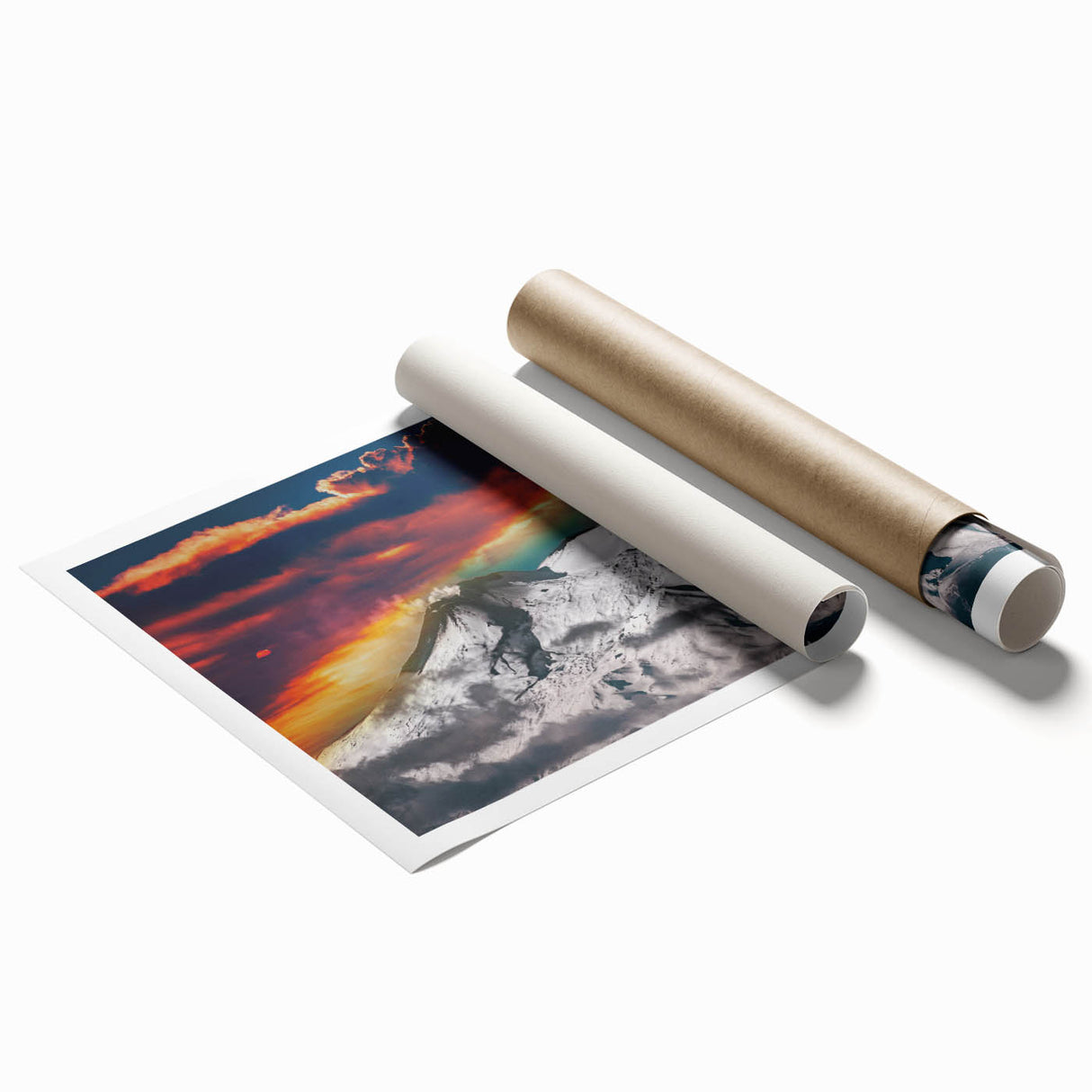 Extra large rolled print of Mount Etna, featuring vibrant floral foreground and muted sky.