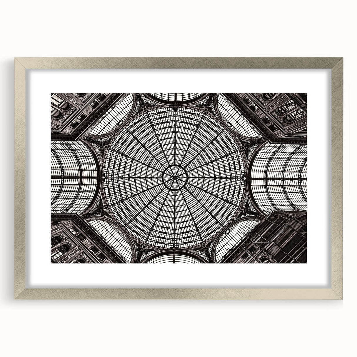Extra large abstract art print of Naples scenery in muted earth tones on a textured canvas, framed in silver.