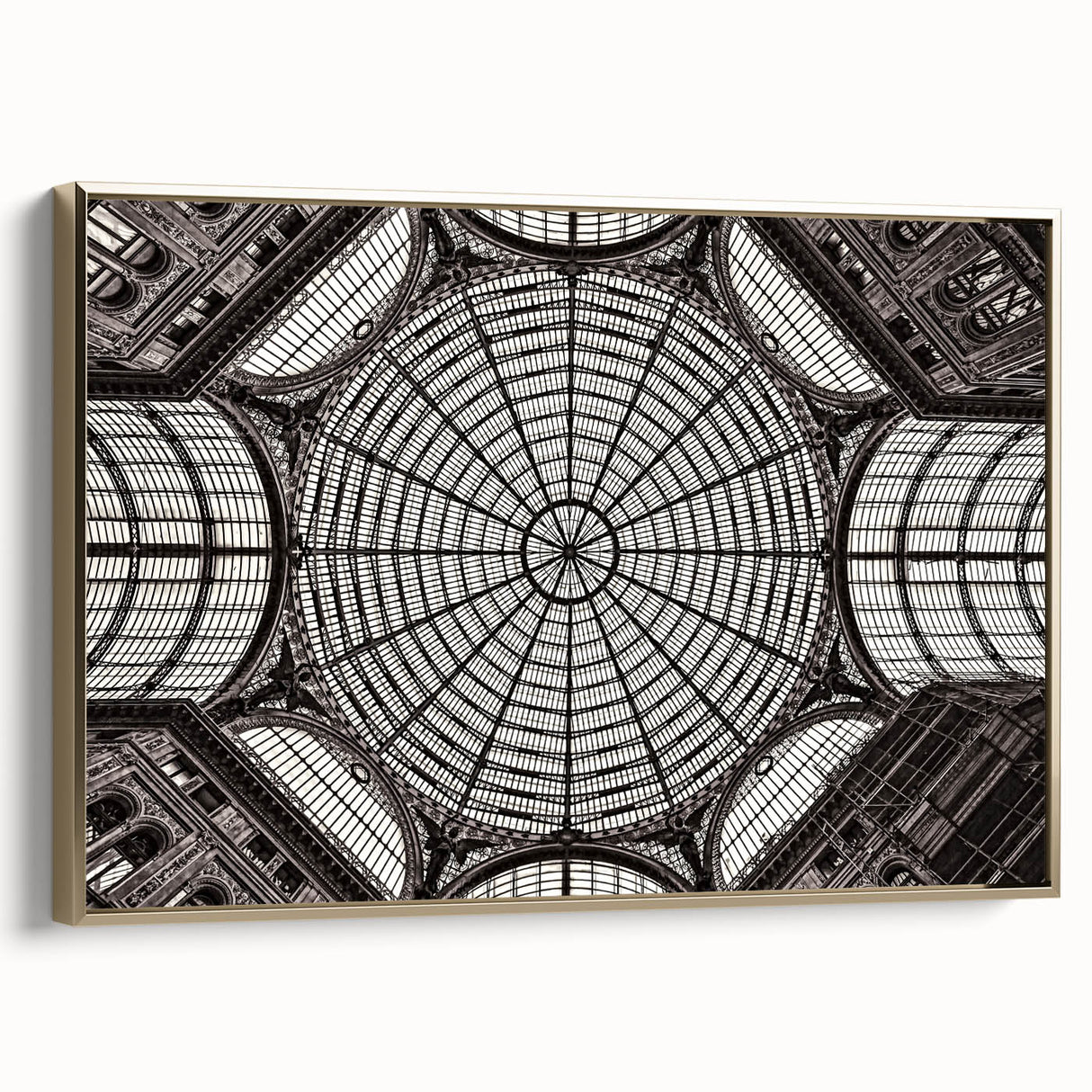 Framed canvas featuring a vintage-style landscape painting of Naples, Italy in muted gold and black tones.