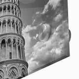 Acrylic print of the Leaning Tower of Pisa in muted earth tones, ideal for dining room art in a mid-century modernist style.
