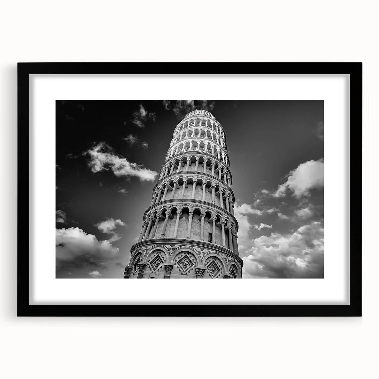 Extra large abstract art print of colorful, textured Pisa scenery in a black frame, ideal for living room decor.