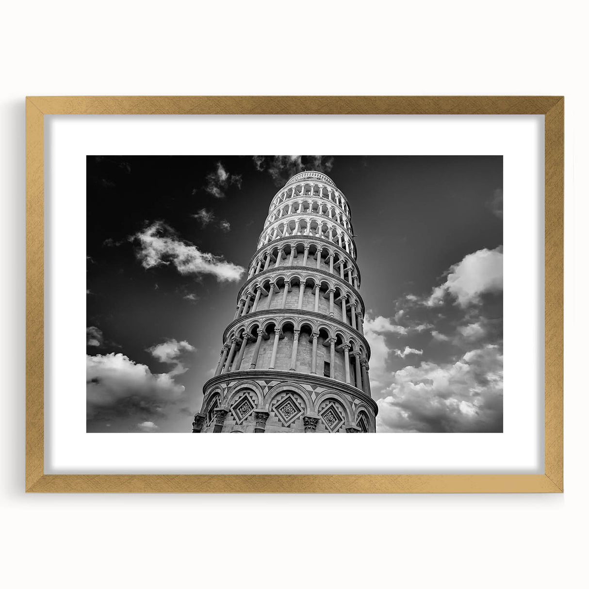 Abstract art print of the Pisa scenery in muted earth tones on a framed gold mat, suitable for dining room decor.