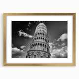 Abstract art print of the Pisa scenery in muted earth tones on a framed gold mat, suitable for dining room decor.