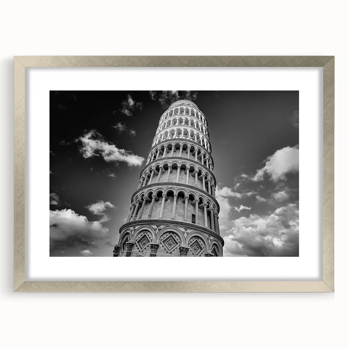 Extra large wall art featuring an abstract print of Pisa, Italy in textured gray and silver tones on a framed canvas.