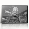 Large abstract wall art featuring the Leaning Tower of Pisa in muted gray tones, displayed in a black acrylic frame.