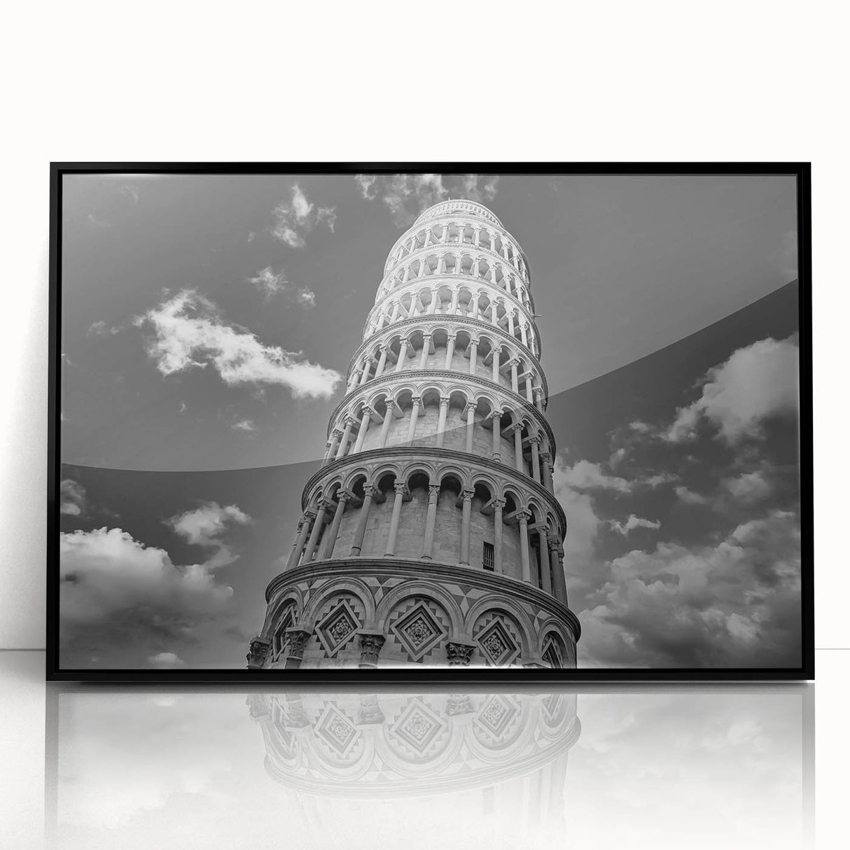 Large abstract wall art featuring the Leaning Tower of Pisa in muted gray tones, displayed in a black acrylic frame.