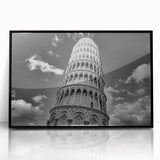 Large abstract wall art featuring the Leaning Tower of Pisa in muted gray tones, displayed in a black acrylic frame.