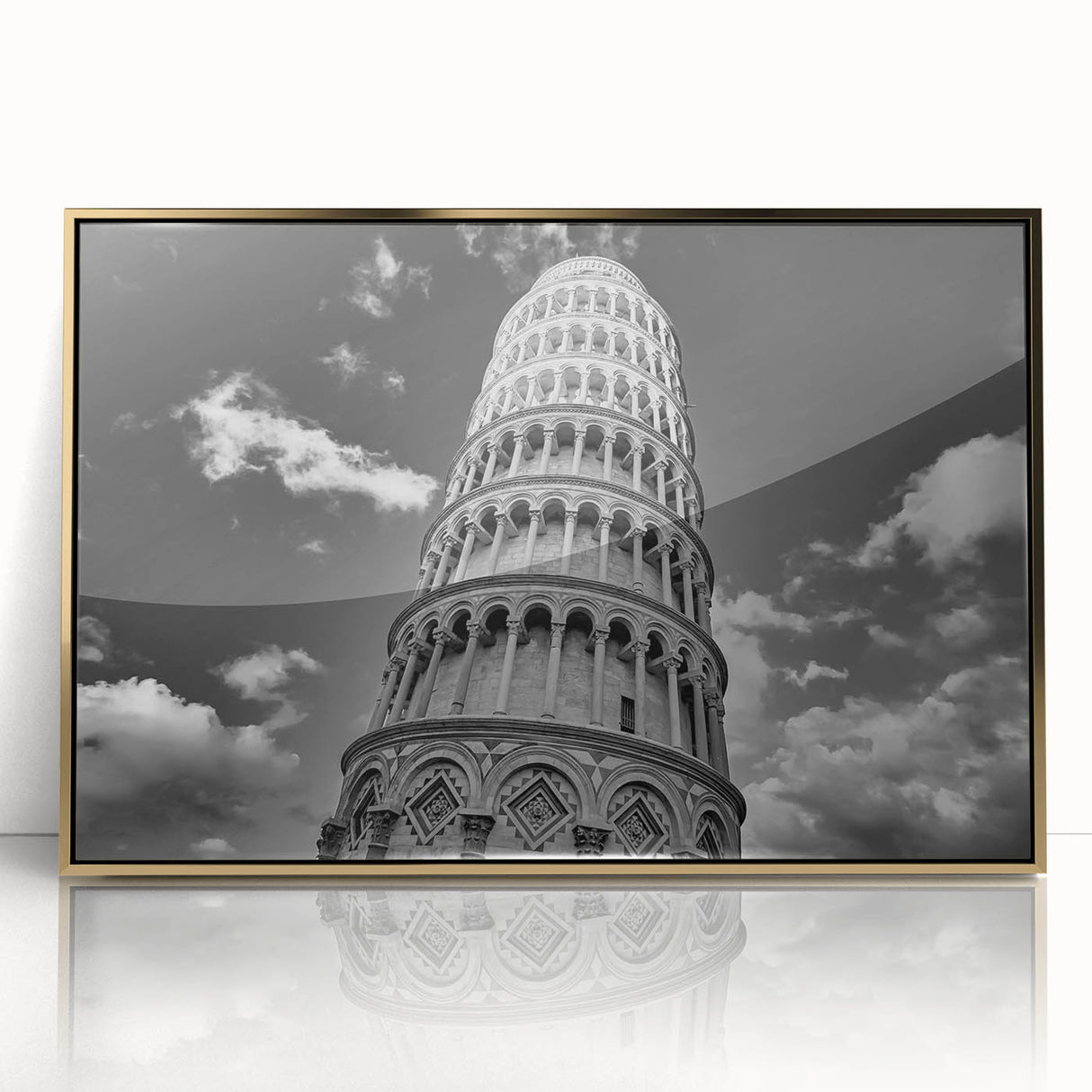 Art deco poster of the Pisa tower in muted gold and ivory tones, framed acrylic, ideal for modern art wall decor.