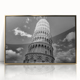 Art deco poster of the Pisa tower in muted gold and ivory tones, framed acrylic, ideal for modern art wall decor.
