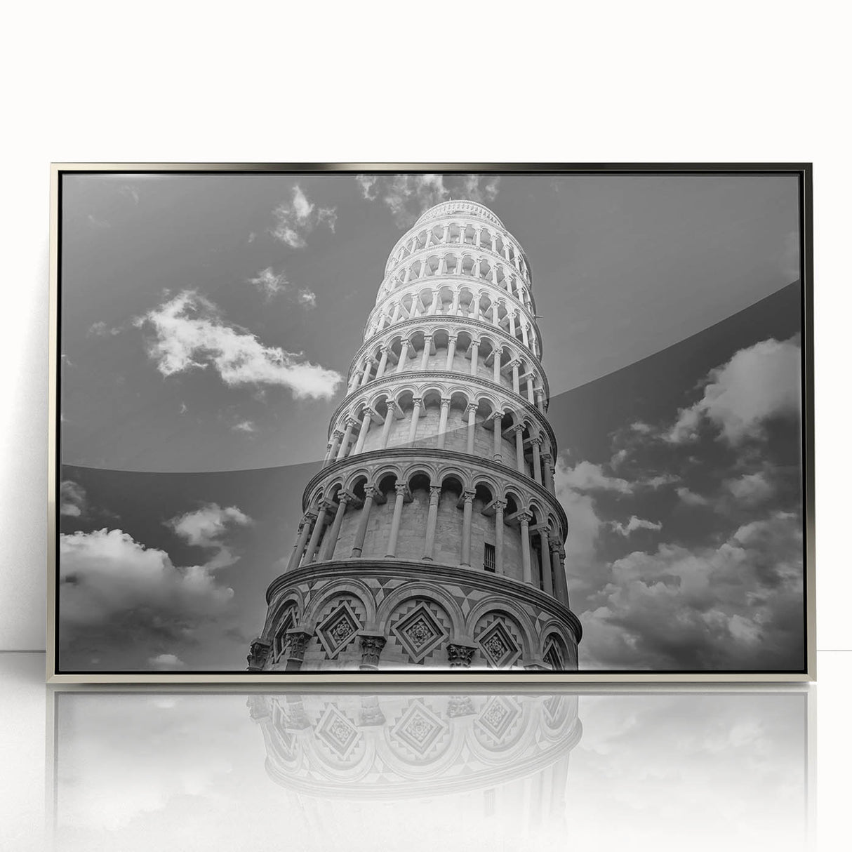 Mid-century modernist art of the Leaning Tower of Pisa in muted earth tones, acrylic print in silver frame.