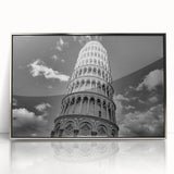 Mid-century modernist art of the Leaning Tower of Pisa in muted earth tones, acrylic print in silver frame.
