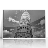 Mid-century modernist art of the Leaning Tower of Pisa in muted earth tones, framed acrylic, suitable for nursery wall art.