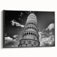Black and white wall art featuring the Leaning Tower of Pisa on a framed canvas, suitable for bedroom decor.