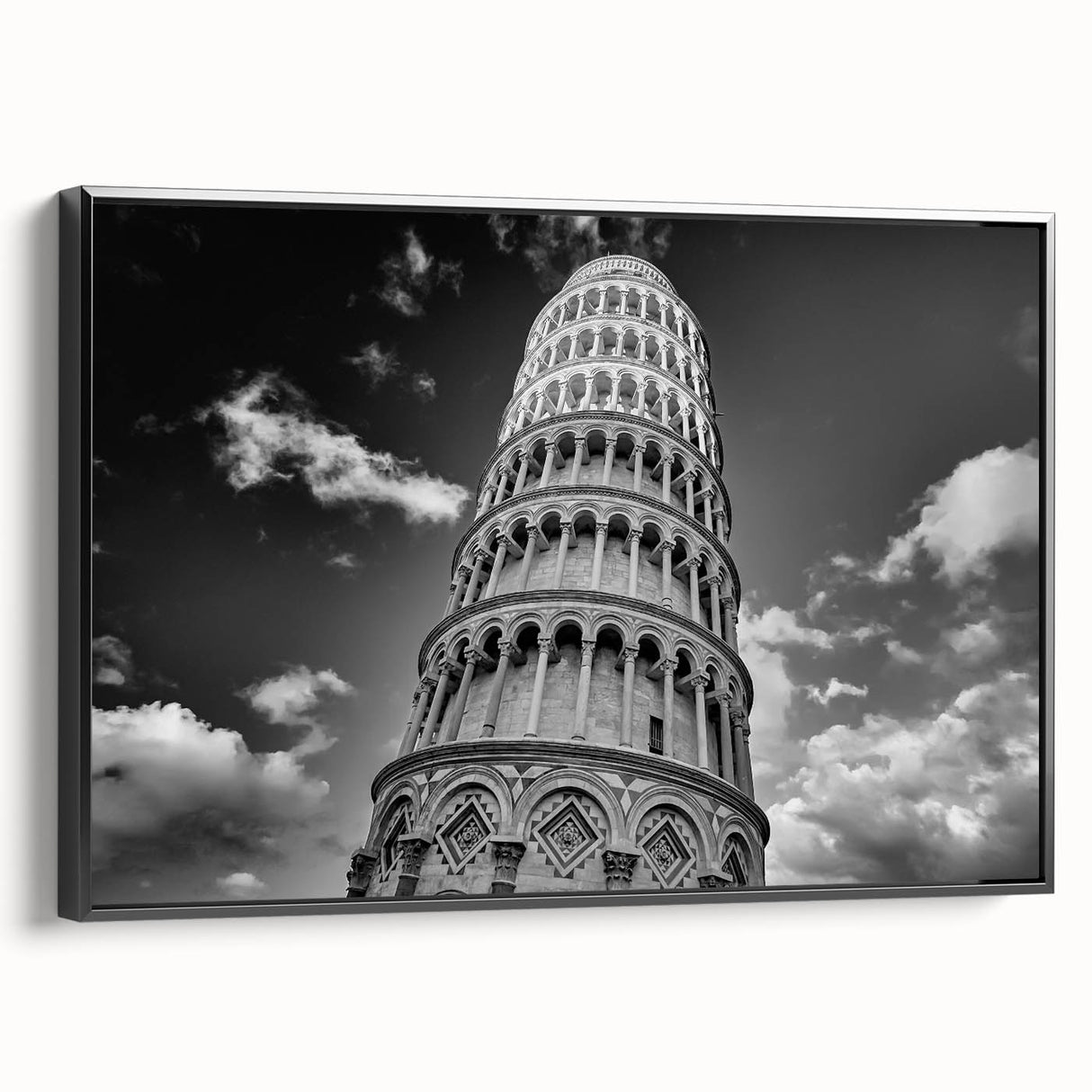 Black and white wall art featuring the Leaning Tower of Pisa on a framed canvas, suitable for bedroom decor.