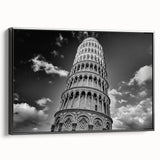 Black and white wall art featuring the Leaning Tower of Pisa on a framed canvas, suitable for bedroom decor.