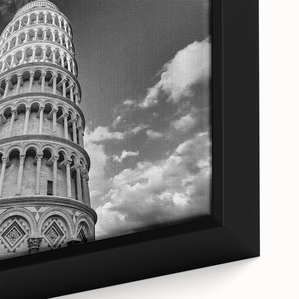 Extra large framed canvas featuring a textured depiction of the Leaning Tower of Pisa in black with colorful accents.
