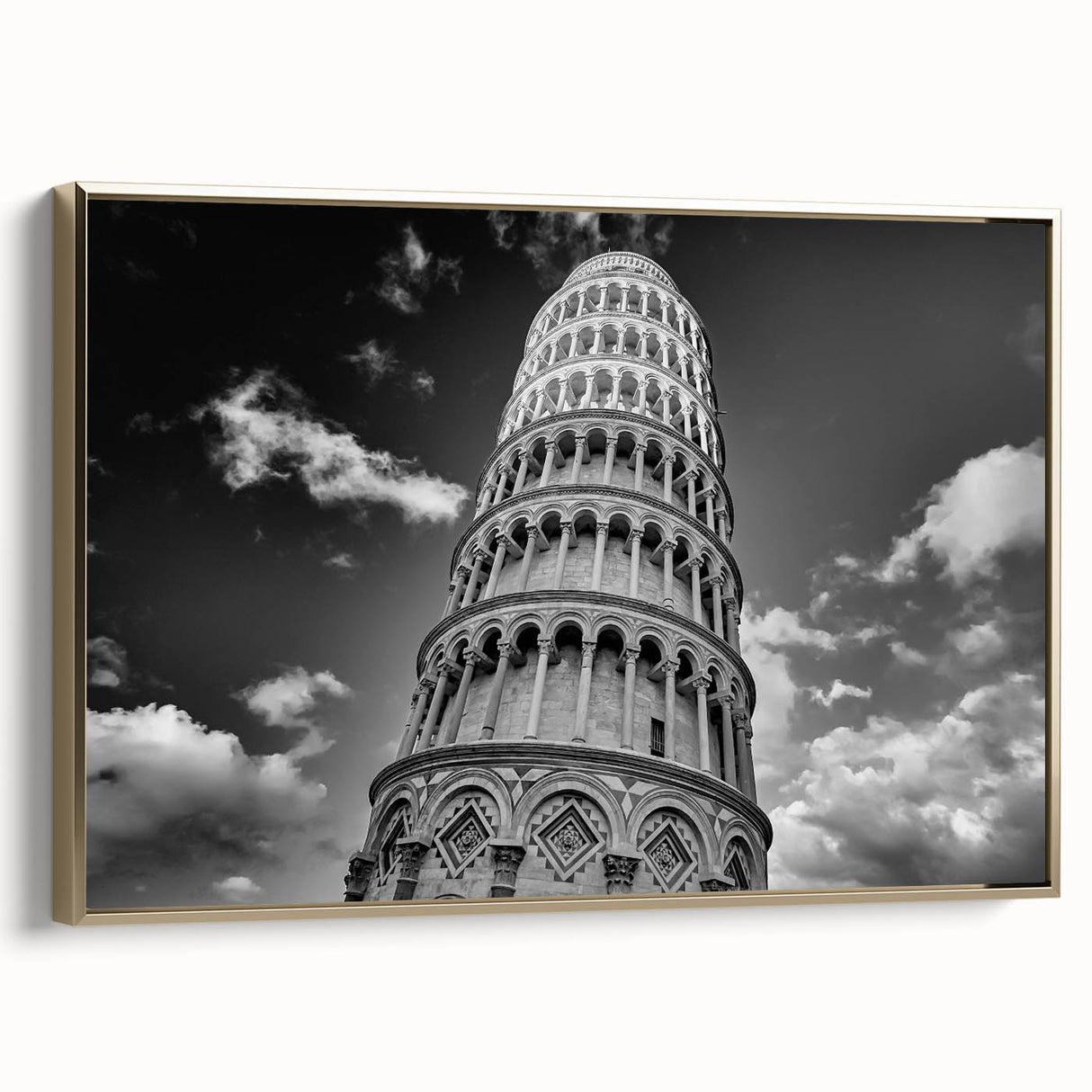 Framed canvas of the Leaning Tower of Pisa in gold and black tones, suitable as wall art for bedroom.