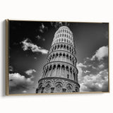 Framed canvas of the Leaning Tower of Pisa in gold and black tones, suitable as wall art for bedroom.