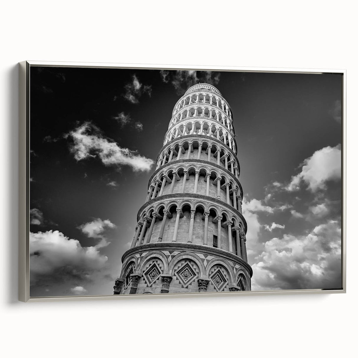 Framed canvas landscape art of Pisa, Italy, featuring colorful vintage poster art style on a black background.