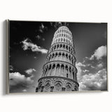 Framed canvas landscape art of Pisa, Italy, featuring colorful vintage poster art style on a black background.