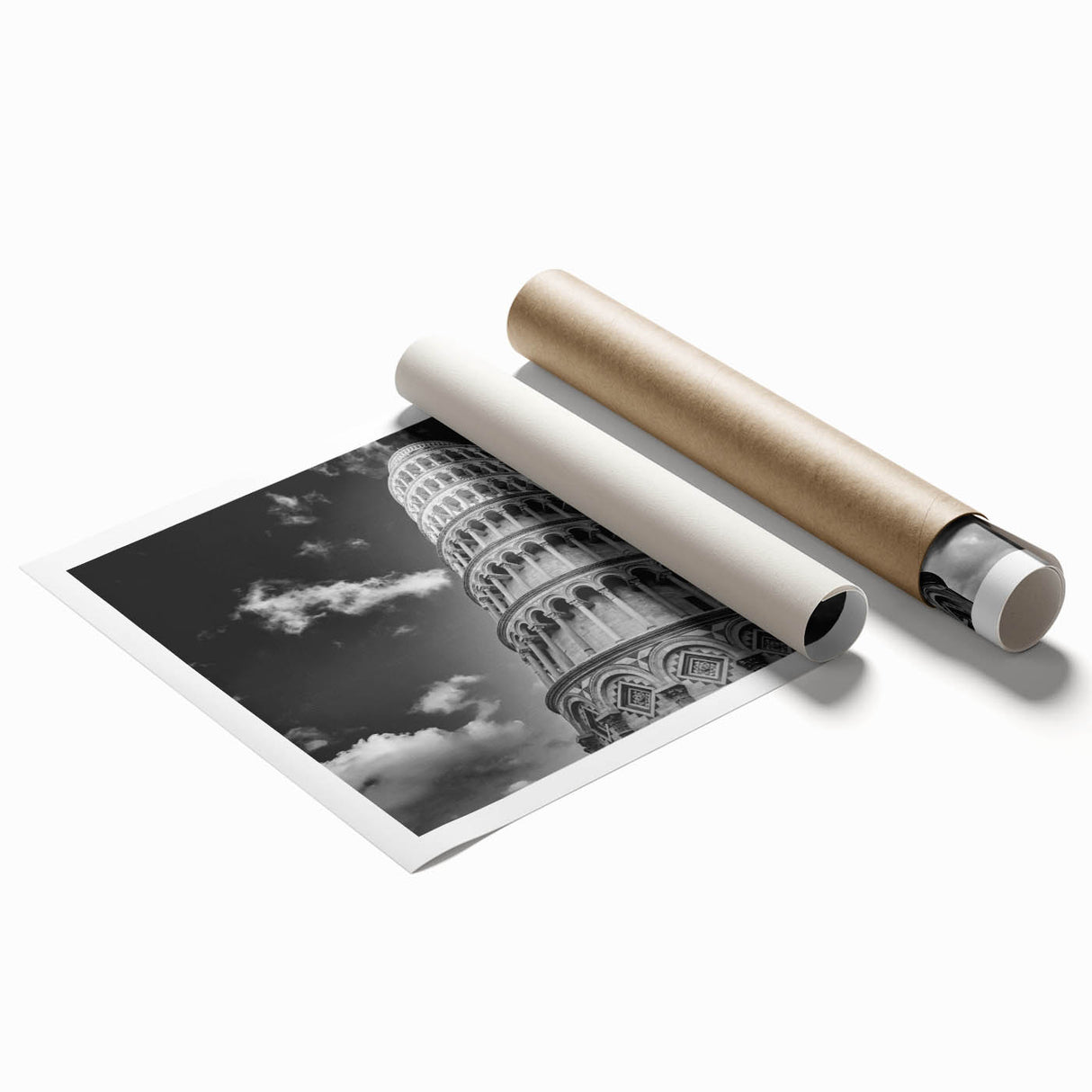Rolled print of the Leaning Tower of Pisa with floral accents in pastel shades, ideal for classy bathroom wall art.