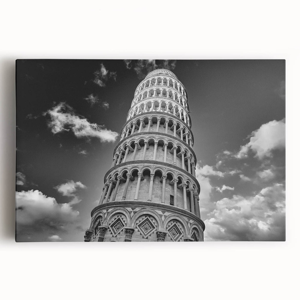 Black and white image of the Leaning Tower of Pisa on stretched canvas, ideal for kitchen wall art or bedroom.