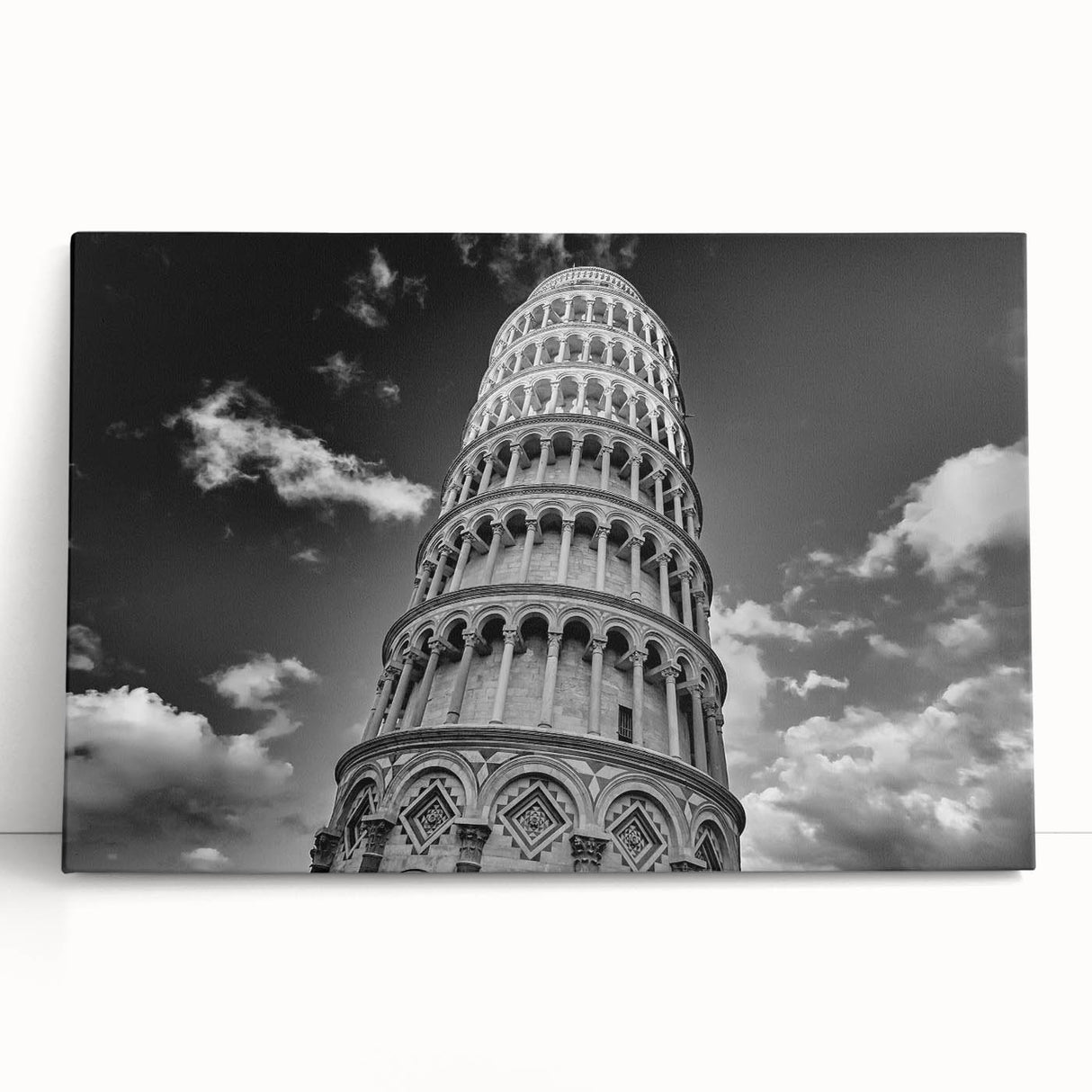 Black and white stretched canvas of the Leaning Tower of Pisa, ideal for kitchen wall art.