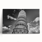 Black and white stretched canvas of the Leaning Tower of Pisa, ideal for kitchen wall art.