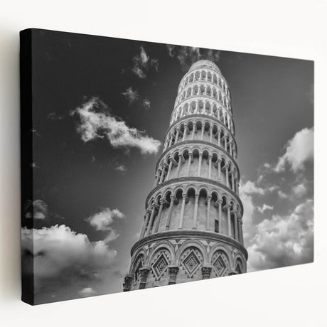 Side view of a stretched canvas featuring the Leaning Tower of Pisa in muted earth tones, suitable for kitchen wall art.