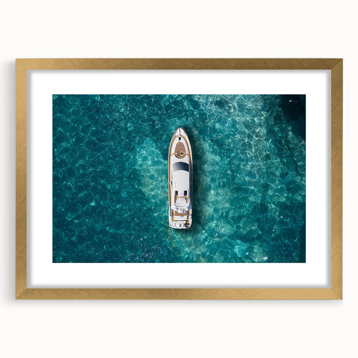 Abstract art print of Portofino, Italy in gold frame, featuring vibrant coastal colors, ideal for dining room decor.