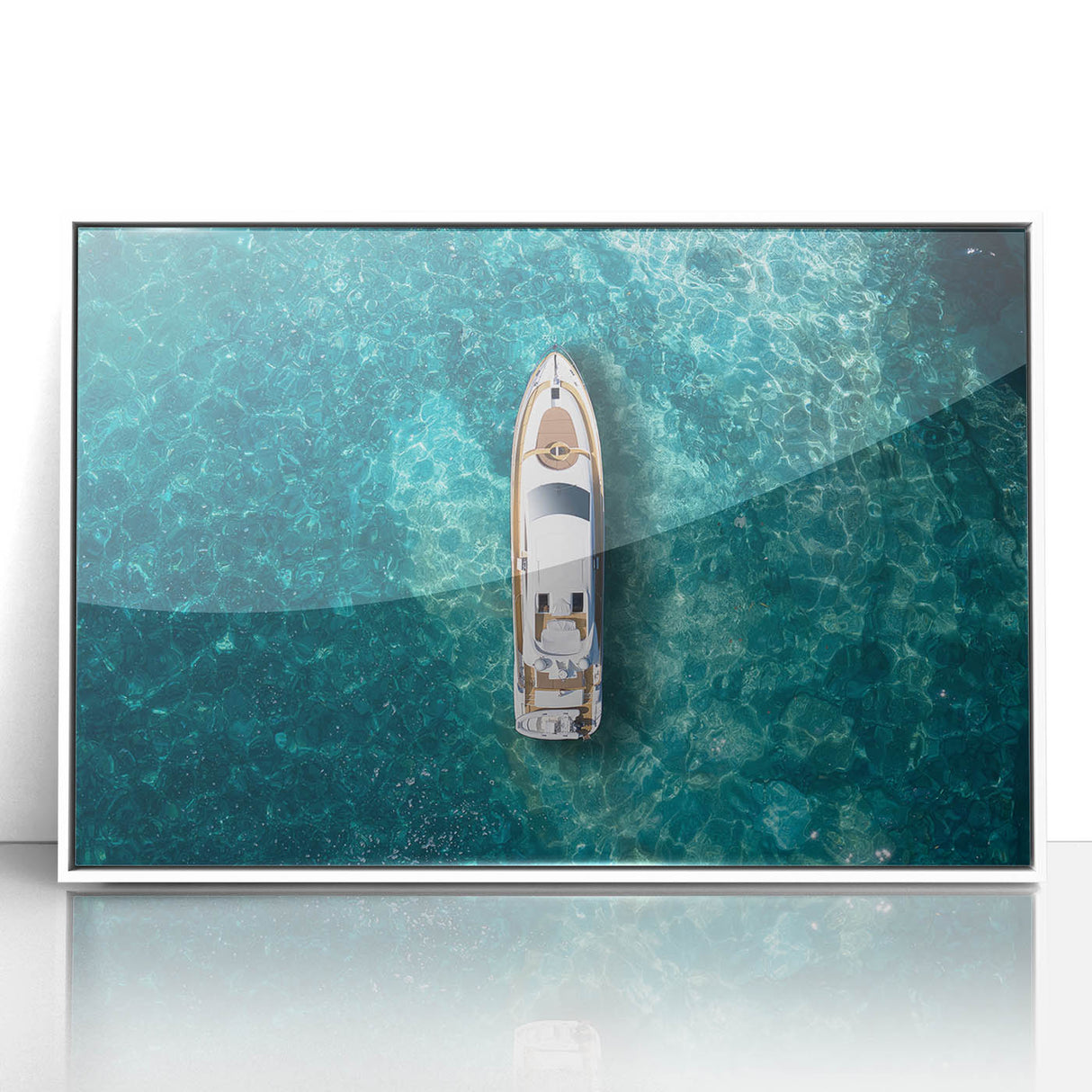 Mid-century modernist art of Portofino, Italy, in vibrant colors on a white-framed acrylic, ideal for nursery wall art.