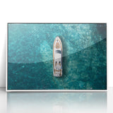 Mid-century modernist art of Portofino, Italy, in vibrant colors on a white-framed acrylic, ideal for nursery wall art.