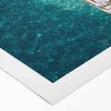 Art deco poster of Portofino, Italy with vibrant blue and yellow tones on rolled canvas, ideal for dining room wall art.